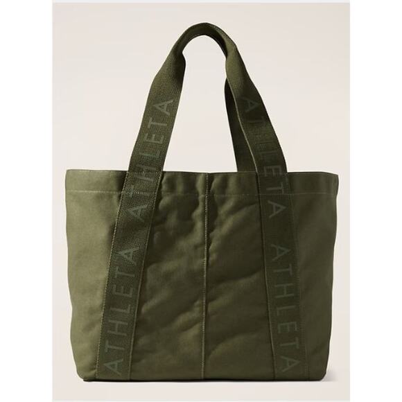 NEW Athleta Logo Canvas Tote Bag Olive Green Reuseable Grocery Travel Gym Beach - Picture 2 of 4